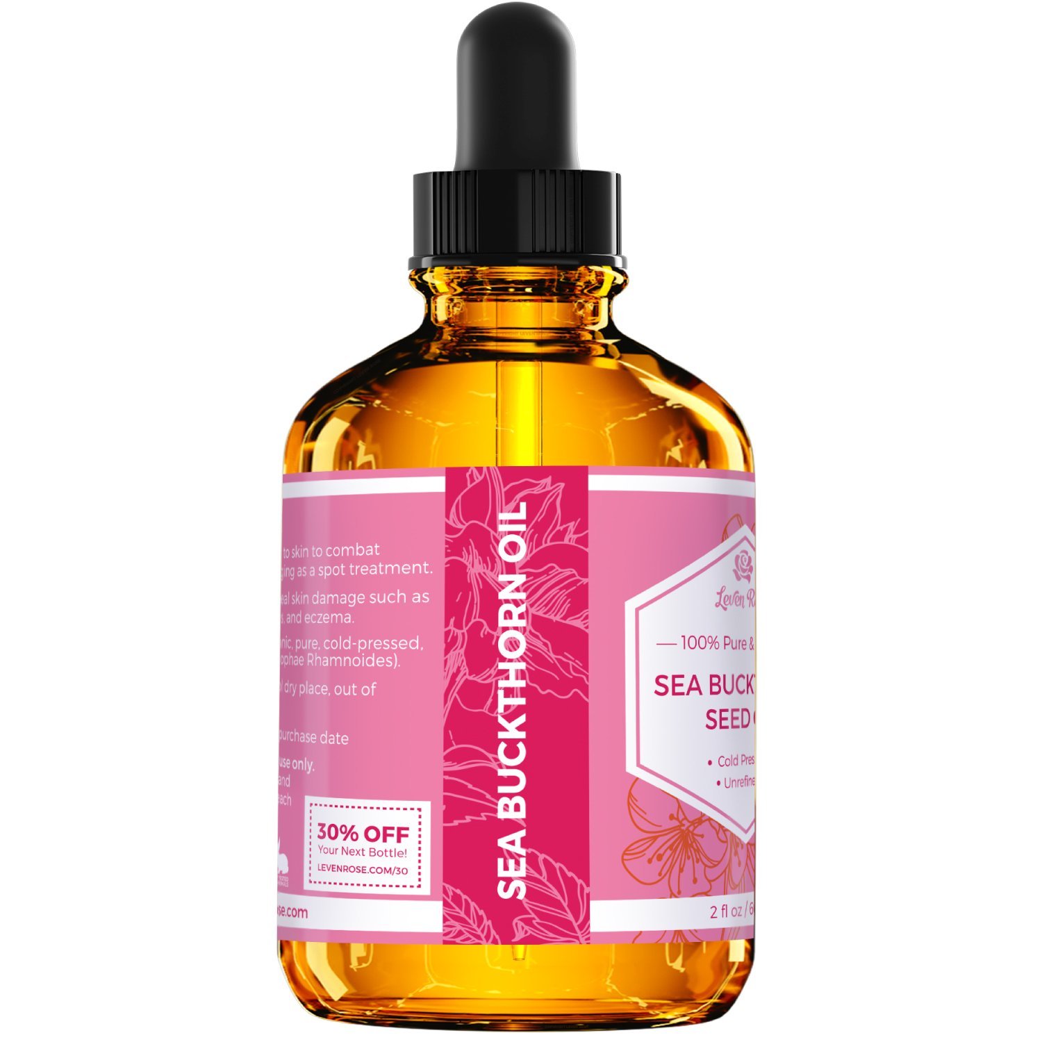 Leven Rose 100% Pure Organic Sea Buckthorn Seed Oil bottle for facial skincare